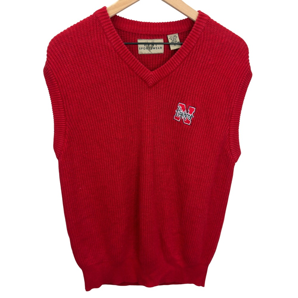 VTG 90s Nebraska Huskers Red Linen Blend Knit V-Neck Sweater Vest Mens Size XL